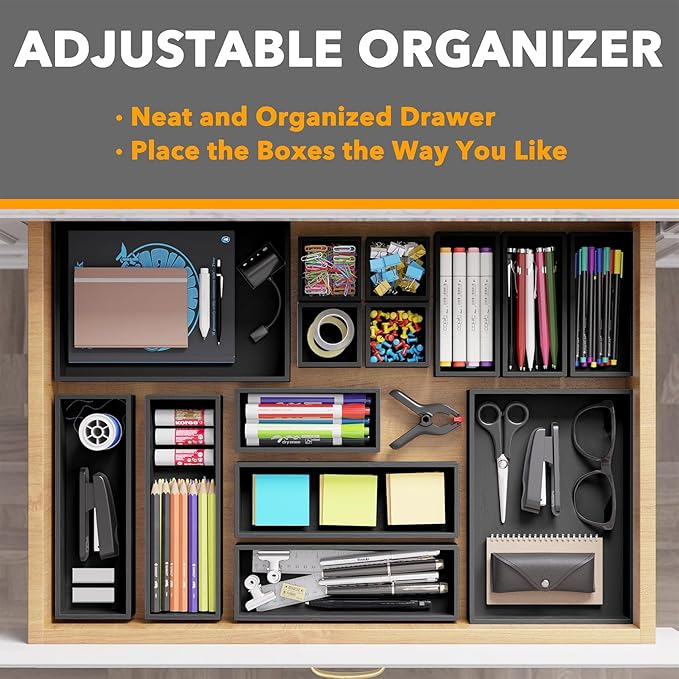 SpaceAid 14-Piece Bamboo Drawer Organizer Storage Boxes Set, Wood Tray Junk Drawer Organizers Multi-Use Divider Bins for Kitchen, Bathroom, Office Desk and Makeup Organization (14 Pack, Black)-Ruum Studio Home