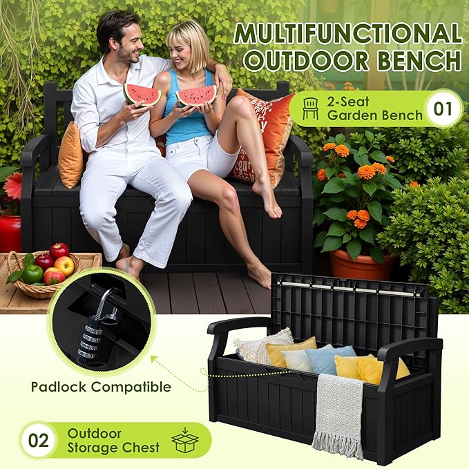 Greesum 80 Gallon Outdoor Storage Bench, Resin Patio Furniture with Armrest,Waterproof and UV-Resistant, Perfect to Garden, Poolside and Lawn, Dark Black-Ruum Studio Home