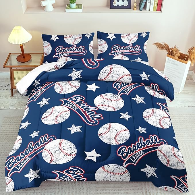 Baseball Comforter Set Queen,Sports Bedding Sets for Boys,Blue Sports Comforter Queen Bedroom Decor,Baseball Bedding Teen for All Seasons,Blue Quilt Kids Bedroom Decor-Ruum Studio Home
