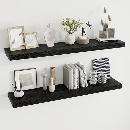 48 inch Floating Shelves for Wall Large Wall Mounted Shelves with Invisible Brackets, Black Long Shelves for Bathroom, Living Room, Kitchen, Office, 48x9.1 inch deep Set of 2-Ruum Studio Home