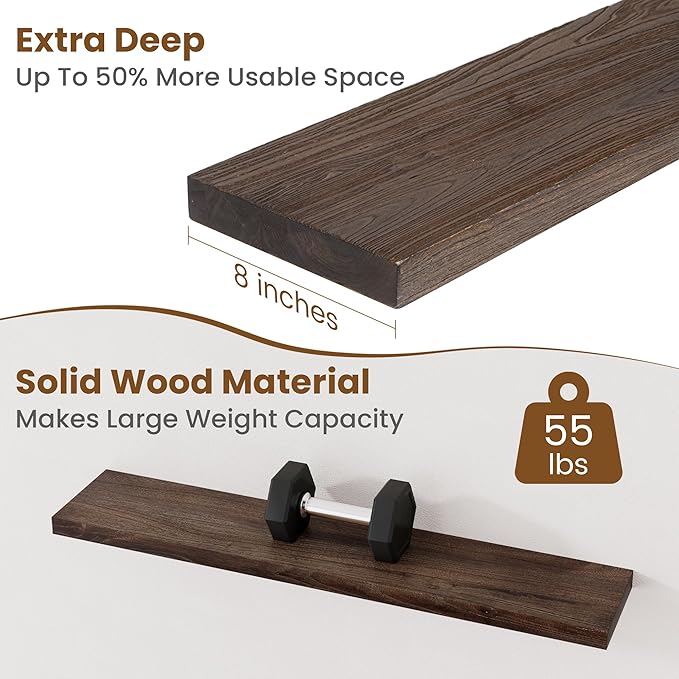 Floating Shelves for Wall Decor, 8 Inch Deep Rustic Solid Elm Wood Floating Shelves Wall Mounted, Wall Shelves with Invisible Bracket for Living Room Bathroom Bedroom Kitchen, 40 Inch Set of 1, Walnut-Ruum Studio Home