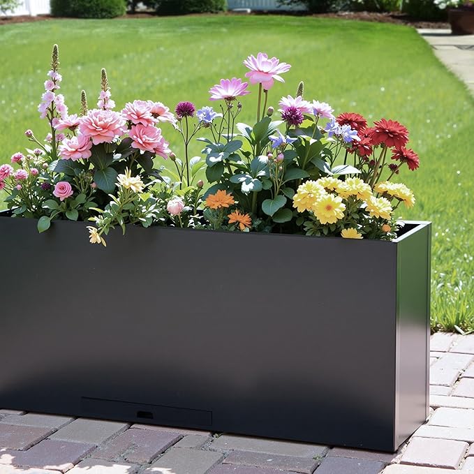 KOL Galvanized Steel Rectangular Planter Box, (16''H.x12''W.x36''L) Large Planters for Indoor Outdoor Plants,Black Powder Coated Metal Planter, Heavy Duty Modern Flower Pot, Commercial & Residential-Ruum Studio Home