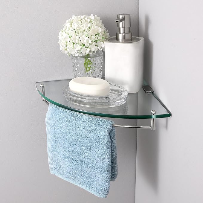 KES Glass Corner Shelf Bathroom Shelf Tempered Glass with Rail SUS 304 Stainless Steel Floating Wall Mount Bracket Polished Finish, BGS2101A-Ruum Studio Home