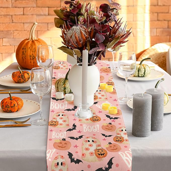 AnyDesign Halloween Table Runner Pink Spooky Ghost Pumpkin Table Cover Kitchen Dining Table Decoration Pink Halloween Table Dresser Scarves for Indoor Outdoor Home Party, 13 x 72 Inch-Ruum Studio Home