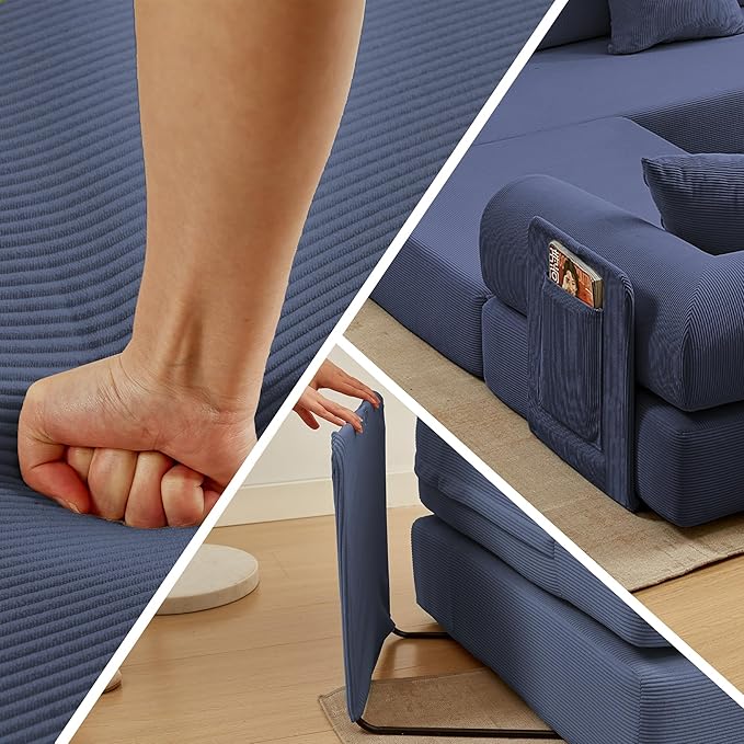 107" Oversized Convertible Sleeper Sofa Bed, Corduroy L Shape Sectional Couch, Folding Sofa Bed with Side Pocket, Modern Cloud Floor Mattress Couch,Modular Sofa for Living Room,Dark Blue-Ruum Studio Home