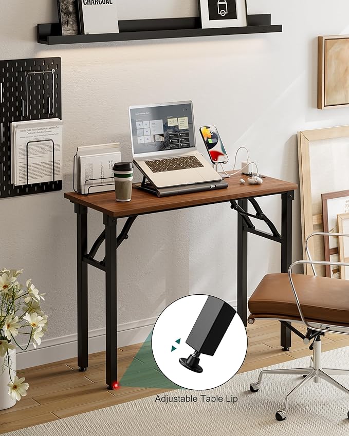 Frylr Small Folding Computer Desk – 35.8 Inch Portable Table for Craft and Study, Lightweight Desk for Small Spaces, Foldable Laptop Table Built-in AC/USB Outlets for Convenience, Dark Walnut-Ruum Studio Home