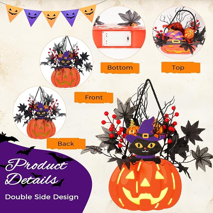Halloween Pumpkin Decorations, Lighted Jack-O-Lantern with Maple Leaves Berries Black Cat, Halloween Door Sign Wood Pumpkin Lights for Front Door Indoor Outdoor Yard Party Cartoon Hanger Decor-Ruum Studio Home