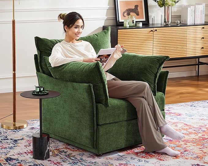 Oversized Accent Chair, Upholstered Modern Sofa Chair with Removable Backrest & Detachable Cover, 24.5" Deep Seat Large Reading Armchair for Living Room Bedroom Office - Chenille Green Set of 1-Ruum Studio Home