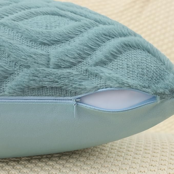 decorUhome Fall Throw Pillow Covers 22x22 Inch Set of 2, Soft Plush Decorative Faux Fur Aqua Solid Couch Pillow Covers, Accent Farmhouse Neutral Square Euro Pillow Cases for Sofa Bed Living Room-Ruum Studio Home