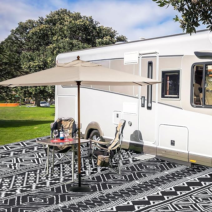 GAOMON Outdoor Rug for Patio 5'x8' Reversible Plastic Rugs Camping Mat for Outdoor, RV, Backyard, Deck, Balcony, Picnic, Beach, Black/White(Bohemia)-Ruum Studio Home