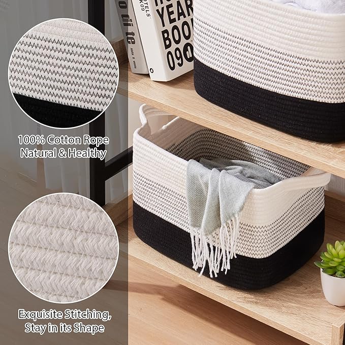 Storage Baskets for Organizing, Woven Baskets for Shelves, Rectangle Decorative Organizer for Storage Clothes, Toy, Books, Towels Nursery Bins 3 Pack (Gradient Black)-Ruum Studio Home