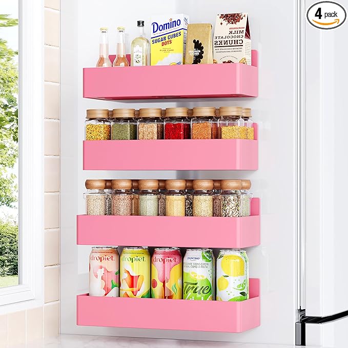 Magnetic Spice Rack for Refrigerator, Kitchen Organizer and Storage Shelf, Pink(4 Pack)-Ruum Studio Home