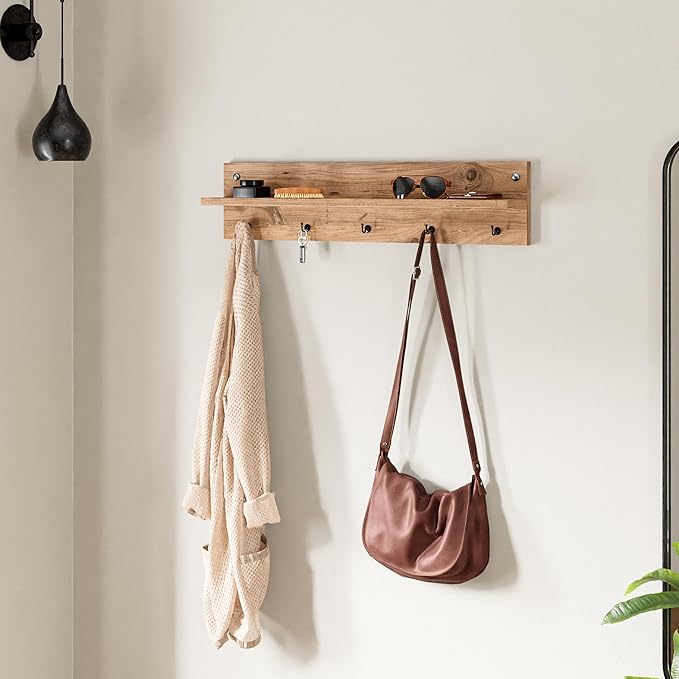 Modern Wall-Mounted Coat Rack with Shelf and Hooks - Wooden Entryway Organizer (Brown)-Ruum Studio Home