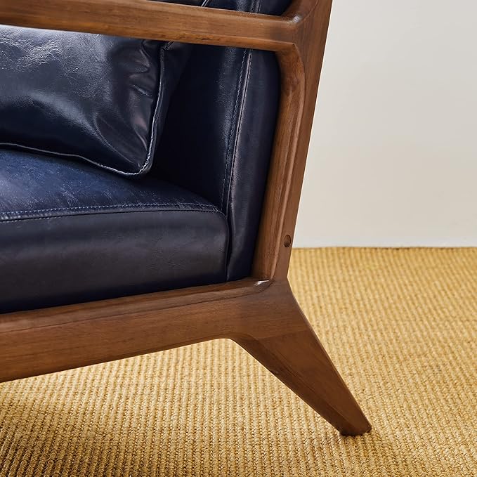 Glitzhome 2 Set Mid Century Navy Blue Accent Armchair, Single Reading Armchair PU Leather Lounge Chair with Walnut Ruberwood Frame-Ruum Studio Home