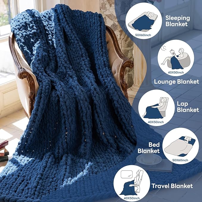 Chunky Knit Blanket - Luxury Soft Cozy 40 * 50 Throw Blanket,100% Woven Blanket Rope Knot Throw Blanket for Couch, Sofa, Home Decor, Gift - Machine Washable（Deep Blue）-Ruum Studio Home