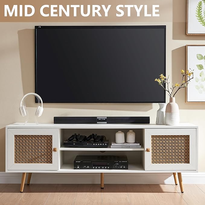 JYED Mid Century Modern TV Stand with Metal Mesh Doors and Open Shelf for 65" TVs,Antique White Media Console Wood Entertainment Center with Cable Holes for Living Room.59.06"x15.55"x20.87"-Ruum Studio Home