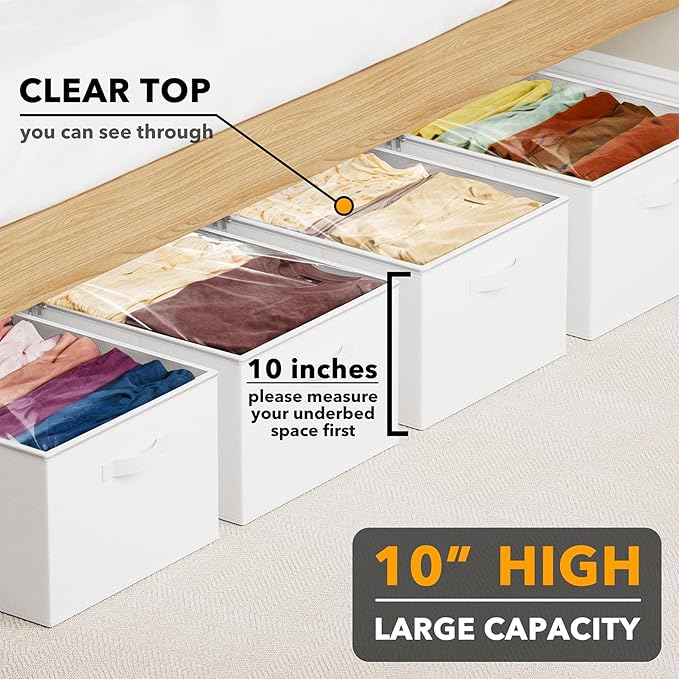 SpaceAid 4 Pack 10" High Under Bed Storage Containers, Large Underbed Storage Organizer Bins with Lids for Bedroom, Dorm, Clothes, Closet Organization, Bed Sheets and Blankets (White)-Ruum Studio Home