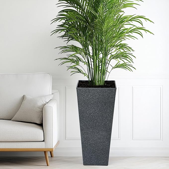 28" Large Tall Square Planters for Outdoor Plants, Set of 2 V-Shaped Planter Box with Black Terrazzo Look, Durable and Weather Resistant, Ideal or Garden, Patio, Porch or Home use.-Ruum Studio Home