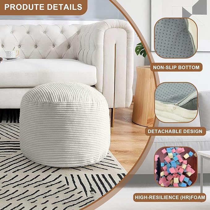 Round Stuffed Pouf Ottoman, Foot Stools Ottoman,Corduroy Poufs with Foam Chunk Filling, Furry and Fluffy Storage Ottomans, 20 X 15 Floor Poufs Foot Rest for Living Room-Ruum Studio Home
