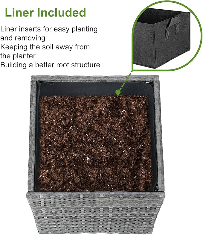 LEWIS&WAYNE Large Square Planter Box Handmade Wicker Tall Planters for Outdoor Plants with Removable Liners Modern Planter for Indoor Outdoor Garden Patio Front Porch - Gray, 17''x17''x18''-Ruum Studio Home
