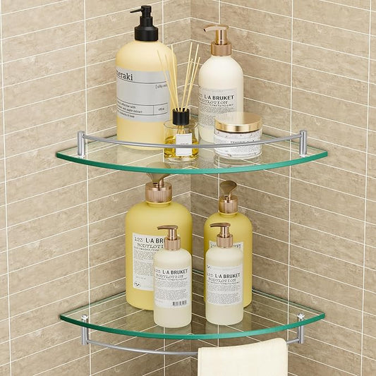 KES Glass Corner Shelf for Bathroom Corner Shelf 2 Pack Tempered Glass Shelf with Rail SUS 304 Stainless Steel Wall Mounted Brushed Finish, BGS2101A-2-P2-Ruum Studio Home