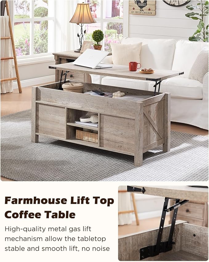 OKD 48" Farmhouse Lift Top Coffee Table with Sliding Barn Door, Rustic Center Table w/Hidden Storage Compartment, Lift Tabletop Dining Table w/Adjustable Shelf for Living Room,Light Rustic Oak-Ruum Studio Home