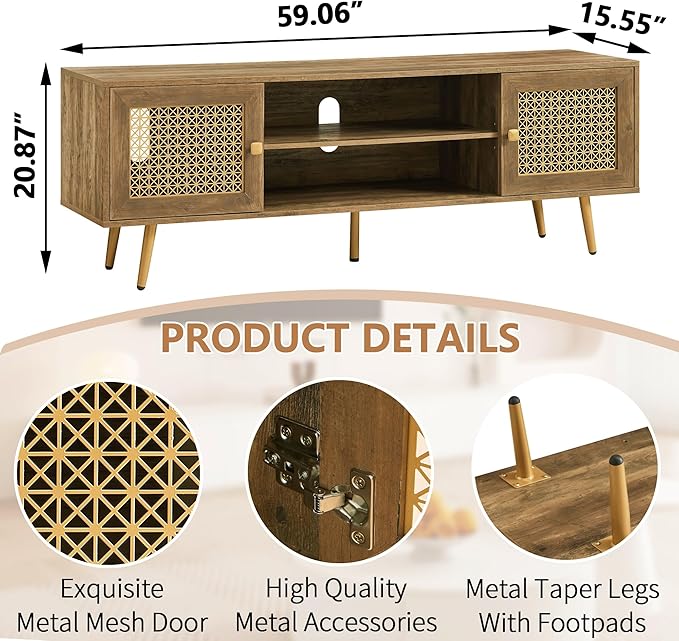 Mid Century Modern TV Stand with Metal Mesh Doors and Open Shelf for Tvs up to 65" Boho Media Console Entertainment Center with Cable Holes for Living Room Rustic Oak 59.06"x15.55"x20.87"-Ruum Studio Home