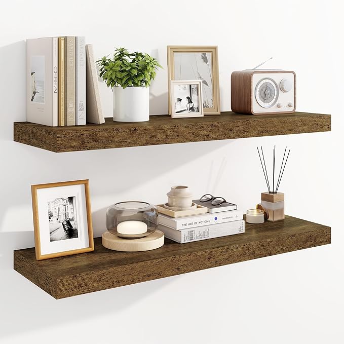 Marsmiles 31.5" Floating Shelves for Wall, Wooden Shelves with Invisible Brackets Set of 2, Rustic Farmhouse Wall Mounted Shelf for Kitchen Bathroom Living Room Study, Rustic Brown-Ruum Studio Home
