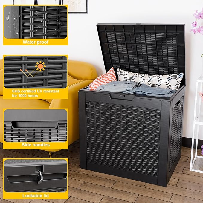 Vixzen 31 Gallon Resin Deck Box, Lockable Outdoor Storage Box for Patio Cushions Storage Furniture,Garden Tools, Pool Supplies, Weatherproof and UV Resistant- Black-Ruum Studio Home