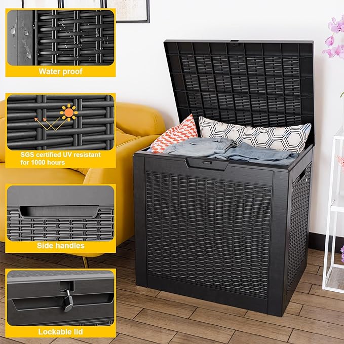 Deck Box Large Outdoor Storage for Patio Furniture,Outdoor Cushions,Garden Tools,Picnic Supplies and Pool Supplies,Waterproof,Resin,Lockable (Black, 31 Gal)-Ruum Studio Home