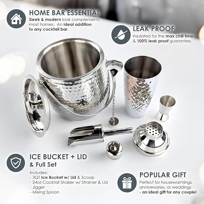 BREKX Insulated Ice Bucket for Cocktail Bar with Drink Shaker 5-Piece Cocktail Set for Parties with Lid and Scoop - Bartender Accessories, Bartending Kit for Home Bar or Gifting-Ruum Studio Home