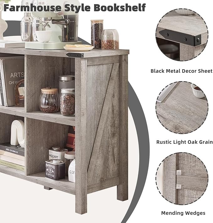8 Cube Book Shelf, Farmhouse Wood Long Storage Organizer Bookcase, 62" Horizontal Grey Oak Console Closet Bookshelf, Hallway TV Stand for Entryway, Display Cabinet Book Case for Living Room-Ruum Studio Home