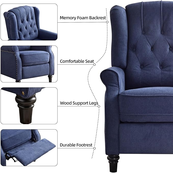EBELLO Pushback Recliner Chair, Fabric Armchair Push Back Recliner with Rivet Decoration, Single Sofa Accent Chair for Living Room, Bedroom, Navy Blue-Ruum Studio Home