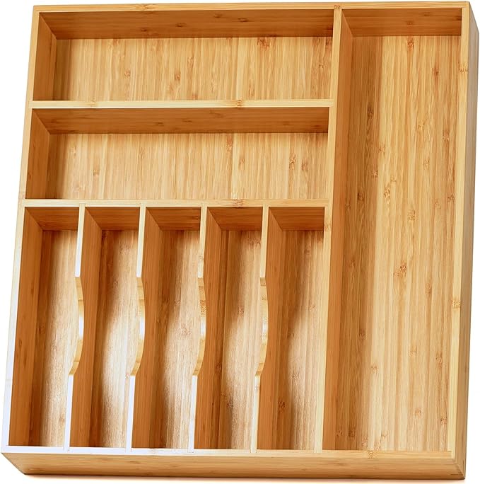 Umilife Large Kitchen Drawer Organizer, 19"x20" Silverware Utensils Organizer, 2.5" High for Large Deep Drawers, Bamboo Flatware Holder with Thick Frames, Sturdy Kitchen Organization Tray-Ruum Studio Home