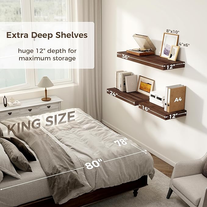 12 Inch Deep Floating Shelves, 16 x 12 Floating Shelf for Books, Rustic Wood Deep Wall Shelves for Home Storage & Display, 2" Thicked Shelves for Kitchen, Living Room, Bedroom, Walnut Color, 2 Pack-Ruum Studio Home