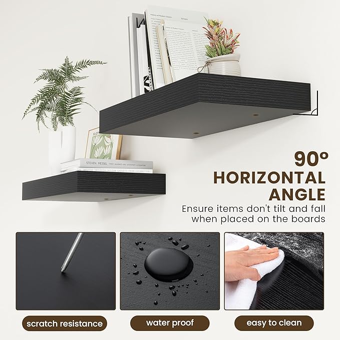 Deep Floating Shelves for Wall | 24 Inch Wide x 12 Inch Deep Black Floating Shelves | 24W x 12D Rustic Wood Wide Wall Shelves | Bookshelf Laundry Shelf TV Shelf-Ruum Studio Home