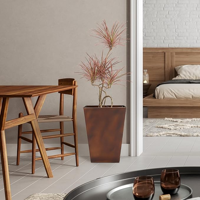 Worth Garden 14" Dia x 18" H Large Metal Floor Planter Set of 2, Matte Bronze Retro Finish Tall Square Tapered Steel Plant Pots, Decor Flower Pot Indoor & Outdoor, Drainage Hole-Ruum Studio Home