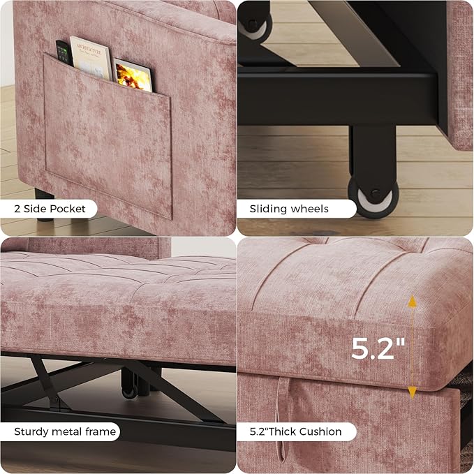 3 in 1 Convertible Sleeper Sofa Bed, Pull Out Couch Bed with Adjustable Backrest, Chenille Loveseat Couches with Side Pocket for Living Room, Bedroom (Pink)-Ruum Studio Home