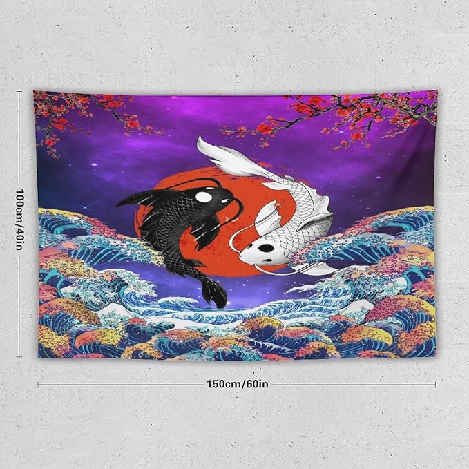 Houselerax Japanese Koi Fish Tapestry, Yin Yang Big Wave Cherry Blossom Tapestries Wall Hanging for Bedroom Living Room Office Decor 60"x40"-Ruum Studio Home