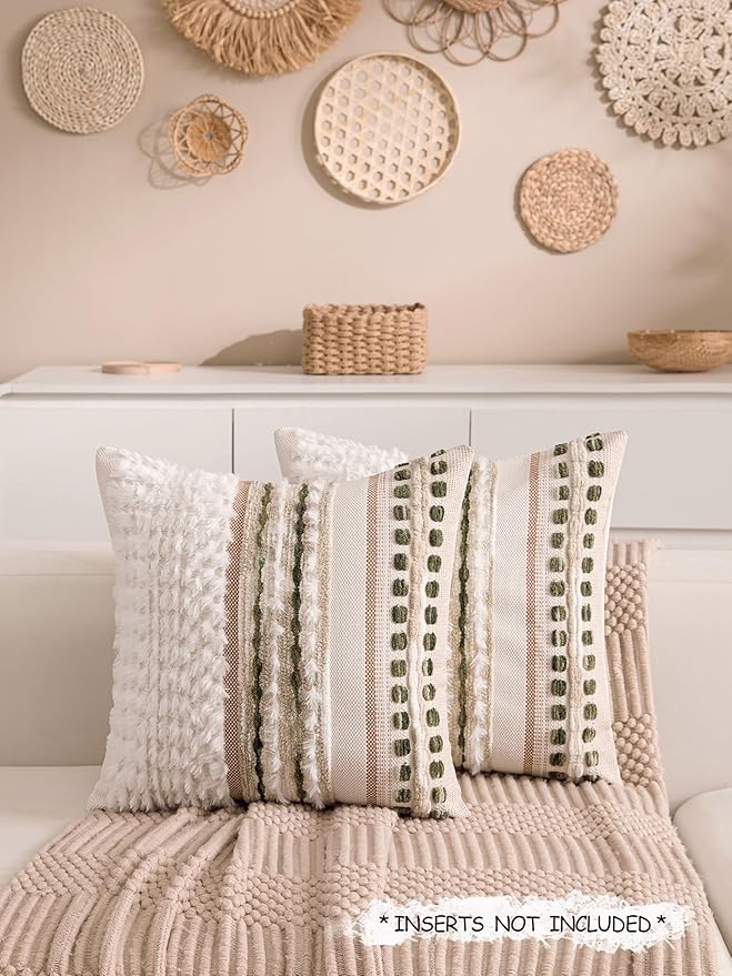 Boho Chenille Tufted Couch Throw Pillow Covers 18x18 Inch Set of 2 Farmhouse Striped Decorative Pillow Covers Accent Neutral Square Pillowcase Green Cushion Covers for Livingroom Sofa Bed-Ruum Studio Home