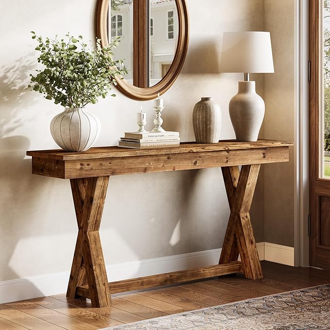 Solid Wood Console Table, 63-Inch Farmhouse Entryway Table with X-Shaped Legs, Real Wood Behind The Couch Table for Living Room, Entrance, Hallway, Easy Assembly-Ruum Studio Home