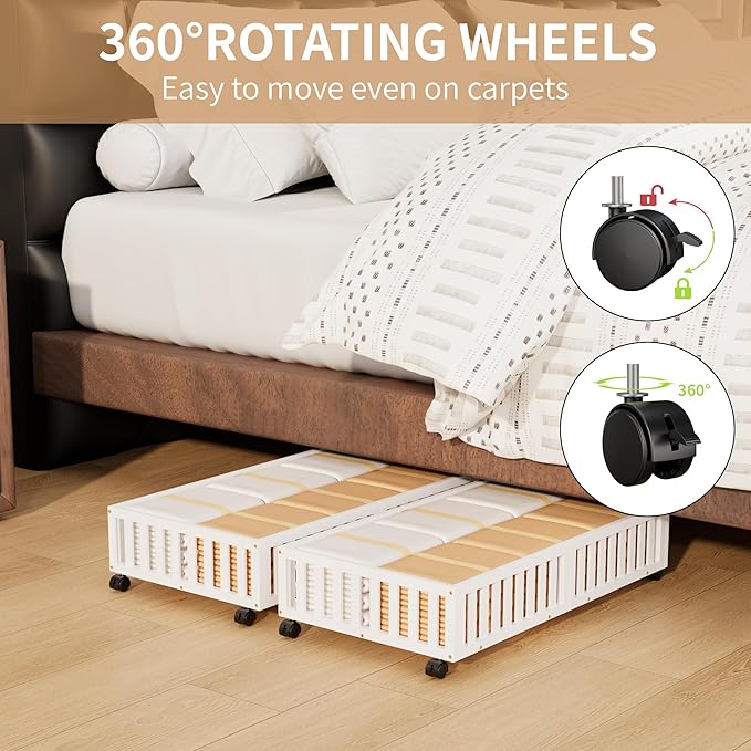 Bamboo Under Bed Storage with Wheels (2-Pack) – Rolling Underbed Shoe Organizer Box for Shoes, Blankets, Toys, Clothes Container Space-Saving Organizer Bins for Bedroom, Closet, Dorm, Nursery-Ruum Studio Home