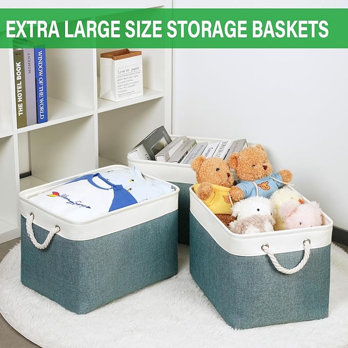 Bidtakay Large Storage Baskets for Shelves 3 Pack Fabric Storage Bins for Organizing Linen Collapsible Organizer for Closet-Deep Green-Ruum Studio Home