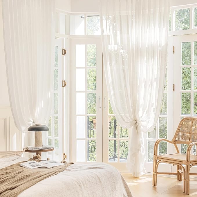 FMFUNCTEX Linen Sheer Curtains for Bedroom, Beige Curtains 63 Inch Length Short Light Filtering Draperies for Living Room, Natural Cream White Light Filtering Farmhouse Curtain Grommet Top 2 Panels-Ruum Studio Home