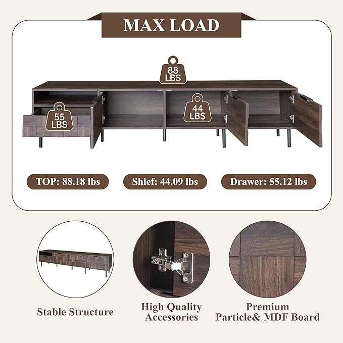 Modern TV Stand for TVs up to 85", Mid-Century Media Console with Checkered Cabinet Doors, Storage Drawers & Open Shelves, Wood Entertainment Center with Metal Legs-Ruum Studio Home