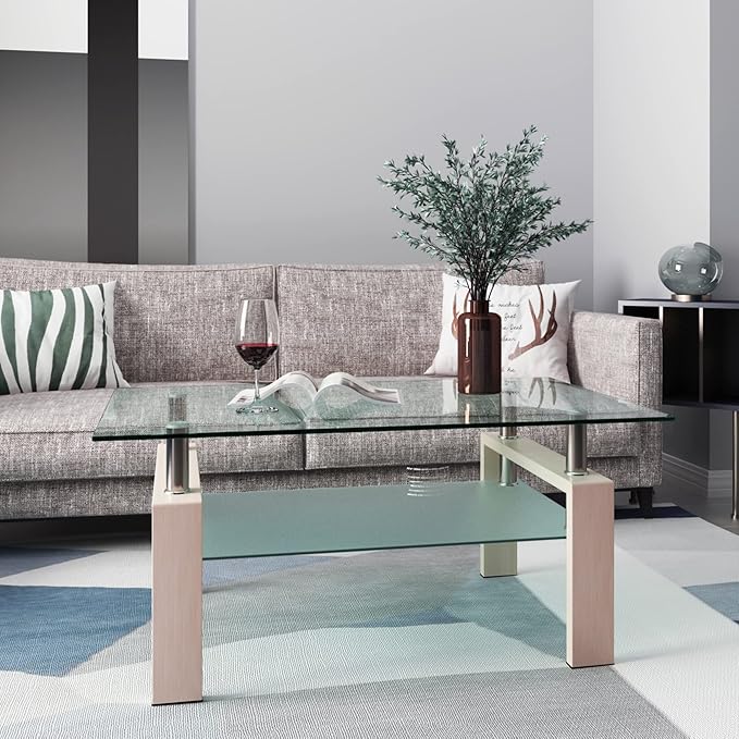 Glass Coffee Table Rectangle Living Room Center Table, 39inch Transparent Tempered Glass Tabletop and Beige Wood Grain Metal Legs, Beige + Clear Glass-Ruum Studio Home