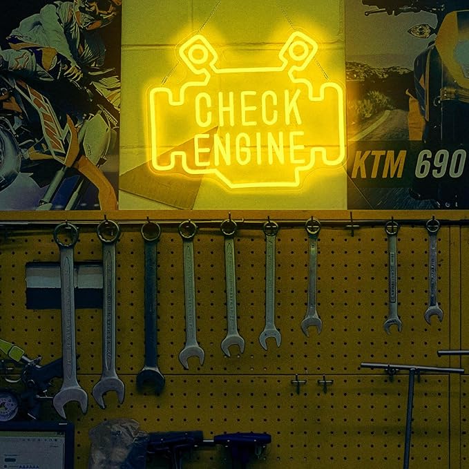 Check Engine Neon Signs for wall decor, Garage Neon Sign for Man Cave, Piston Engine Led Light Signs with Dimmer, Piston Decoration USB Powered with Switch-Ruum Studio Home