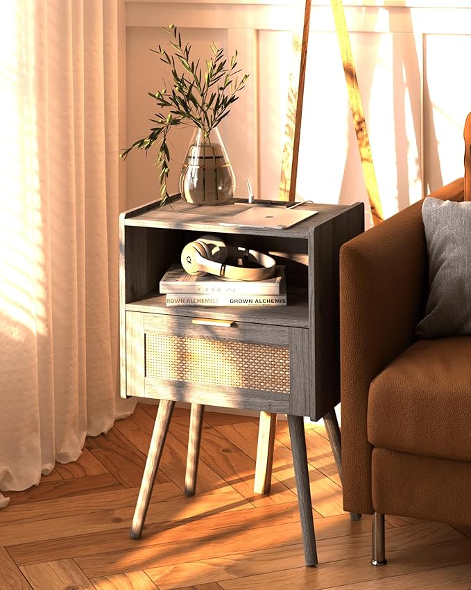 Rattan Nightstand with Outlet,Modern Bedside Table with Storage Drawer and Open Wood Shelf, for Living Room, Bedroom and Small Spaces, Accent Night Stand with Solid Wood Legs,Grey Oak-Ruum Studio Home