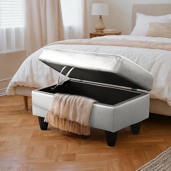 Ottoman Rectangular Storage Ottoman Bench, Faux Leather Footrest, Coffee Table, Stool Footstool with Hinged Lid for Living Room, Bedroom, Entryway, Silver, 35"x23.5"x17.5"-Ruum Studio Home
