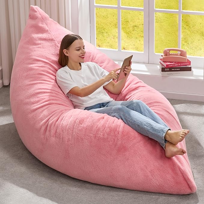 Hobestluk 3 in 1 Bean Bag Chair Giant Bean Bag Chairs for Adults with Chevron Plush Fur Cover Convertible Bean Bag Floor Cushion with Machine Washable Cover for Living Room (Plush Pink)-Ruum Studio Home